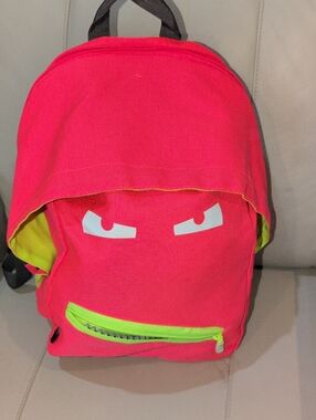Kids Pink Backpack with Neon Green Accents- Playful Face Design By Zip it Grills